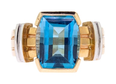 14K GOLD CHECKERBOARD TOP BLUE TOPAZ RING.