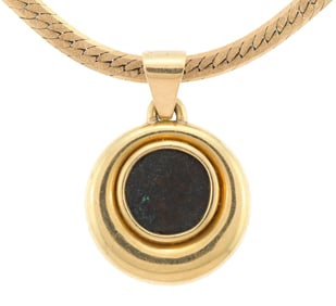 18K GOLD ROMAN COIN PENDANT W/ 14K GOLD FLAT CHAIN.