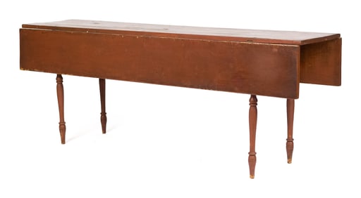 19TH C. NEW ENGLAND RED PAINTED HARVEST TABLE.