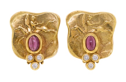 18K GOLD GARNET & DIAMOND SHIELD CLIP EARRINGS.