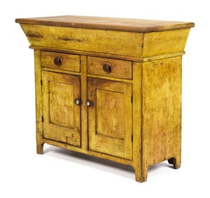 19TH C. YELLOW PAINTED TWO DRAWER DRY SINK.