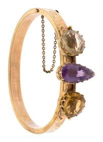 ANTIQUE GOLD AMETHYST & CITRINE BANGLE BRACELET.