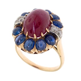 VINTAGE 14K GOLD RUBY, SAPPHIRE & DIAMOND RING.