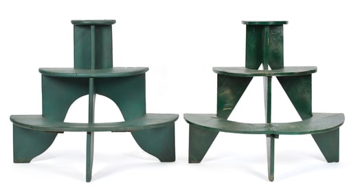TWO ANTIQUE GREEN PAINTED PLANT STANDS.