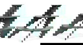 TWO ANTIQUE GREEN PAINTED PLANT STANDS.: Two antique half round, three-tier, green painted plant stands. Each approx. 31”H x 35”W x 18”D.