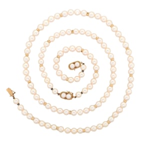 OKUBO BROS. 14K MATCHING PEARL NECKLACE & BRACELET.
