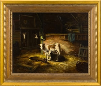 20TH C. OIL, STABLE WITH CALVES.