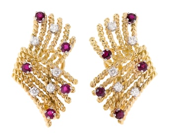TIFFANY & CO. SCHLUMBERGER RUBY & DIAM POST EARRINGS.