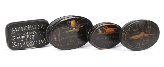 FOUR 19TH C. DECORATED SNUFF BOXES.