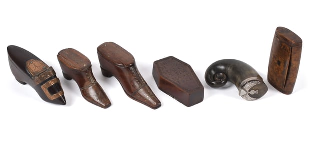 SIX ANTIQUE SNUFF BOXES, SHOES, COFFIN AND HORN.