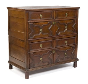 17TH C. ENGLISH PANELED TWO PART CHEST.