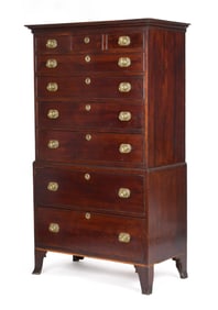 EARLY 19TH C. AM FEDERAL WALNUT CHEST ON CHEST.