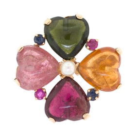 14K GOLD TOURMALINE, CITRINE, SAPPH., RUBY HEART PIN.