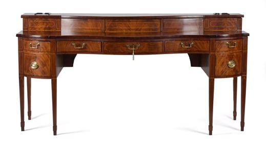 EARLY 19TH C. SERPENTINE INLAID MAHOGANY SIDEBOARD.