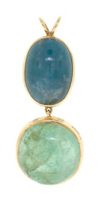 14K GOLD AQUAMARINE & EMERALD PENDANT.