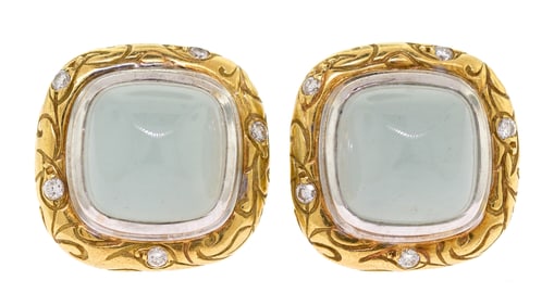 18K GOLD CHALCEDONY & DIAMOND CLIP EARRINGS.