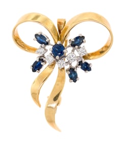 VINTAGE 18K GOLD SAPPHIRE & DIAMOND BOW PIN/PENDANT.