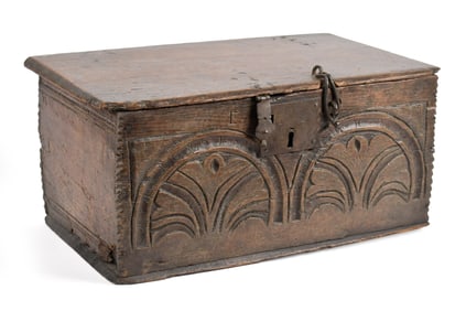 17TH C. CARVED OAK BIBLE BOX.