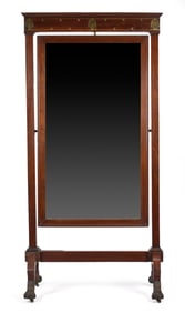 19TH C. BRASS INLAID MAHOGANY CHEVAL MIRROR.