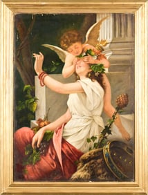 19TH C. OIL, CUPID AND NYMPH.