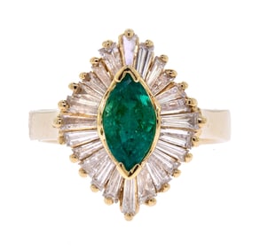 14K GOLD MARQUISE EMERALD & DIAMOND BALLERINA RING.