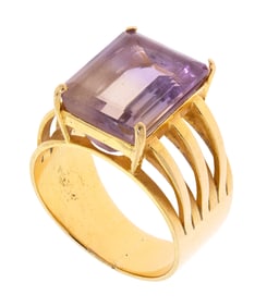 18K GOLD EMERALD CUT AMETRINE RING.