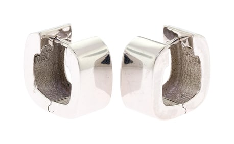 14K WHITE GOLD SQUARE HUGGIE HOOP EARRINGS.
