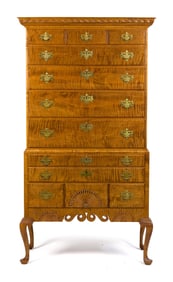 FINE 20TH C. DONALD DUNLAP TIGER MAPLE HIGHBOY.