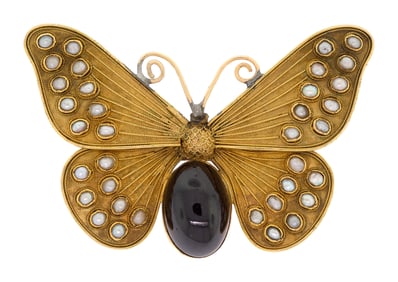 14K GOLD GARNET & PEARL BUTTERFLY PIN.