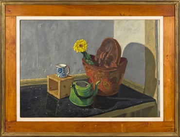 JOHN SEMPLE OIL, STILL LIFE WITH ANTIQUE HAT BOX.