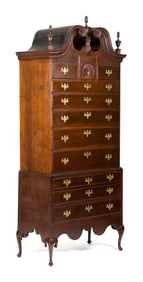 ANTIQUE QUEEN ANNE BONNET TOP CHEST ON CHEST.