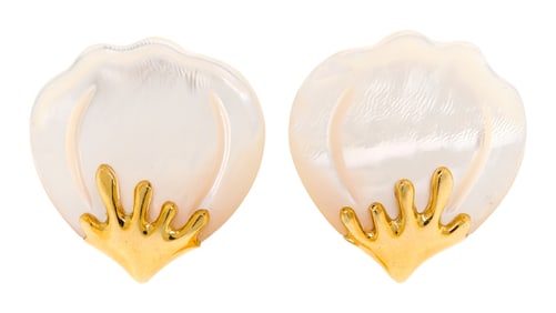 18K TIFFANY & CO. ANGELA CUMMINGS MOP CLIP EARRINGS.