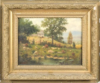 LATE 19TH C. AMERICAN SCHOOL OIL, SHEEP.