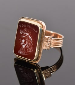 ANTIQUE 12K GOLD TOURVILLE CARNELIAN INTAGLIO RING.