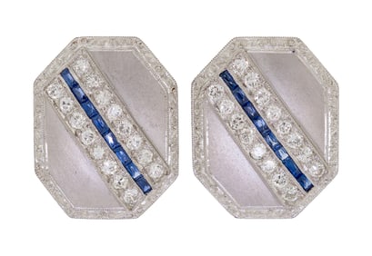 ART DECO PLATINUM DIAMOND & SAPPHIRE POST EARRINGS.