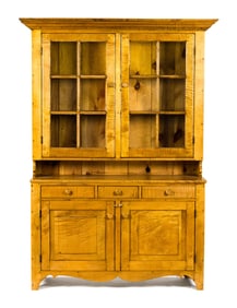 ANTIQUE TIGER MAPLE SET BACK CUPBOARD.