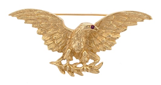 VINTAGE 14K GOLD EAGLE PIN W/ RUBY EYE.