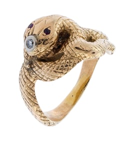 VINTAGE 14K GOLD RUBY & DIAMOND SNAKE RING.