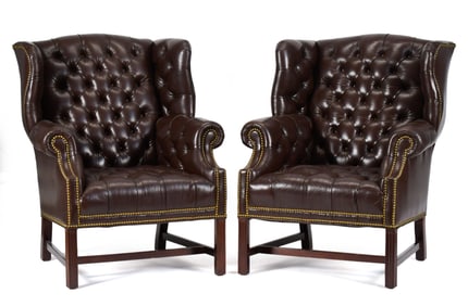 PR. HANCOCK & MOORE BROWN LEATHER WING CHAIRS.
