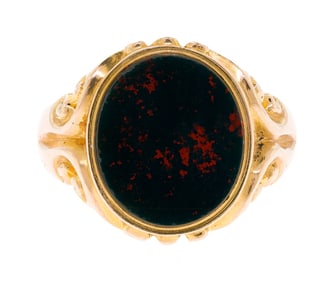 VICTORIAN ENGLISH 15K GOLD BLOODSTONE RING.