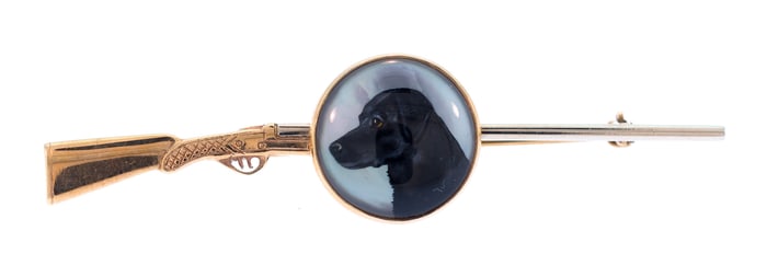 VINTAGE 14K GOLD BLACK LAB & RIFLE HUNTER'S PIN.