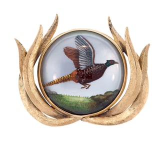 VINTAGE 14K GOLD HAND PAINTED CRYSTAL PHEASANT PIN.