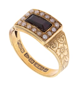 VICTORIAN ENGLISH 15K GARNET & PEARL RING.