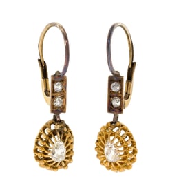 ANTIQUE GOLD ROSE & OLD MINE CUT DANGLE EARRINGS.