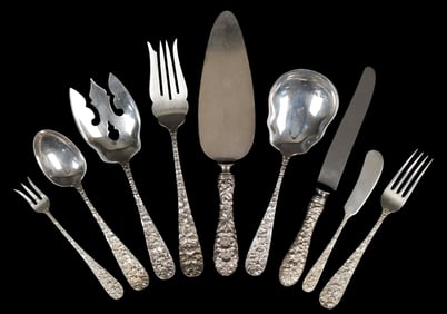 ANTIQUE STIEFF STERLING FLATWARE SET, ROSE PATTERN.