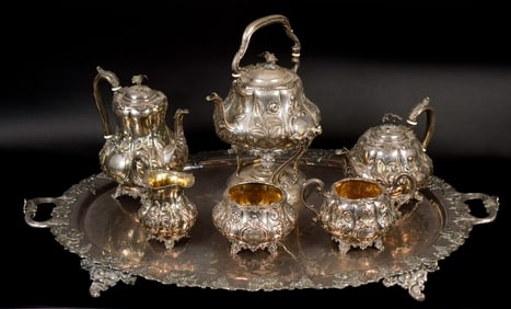 ANTIQUE ENGLISH STERLING TEA SET, 5 PCS AND OTHER.