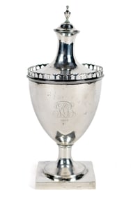 18TH C. JOHN CAFE SILVER SUGAR URN.