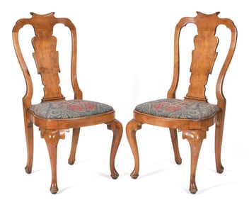 PR. ANTIQUE QUEEN ANNE STYLE BURL WOOD SIDE CHAIRS.