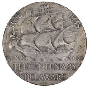 1938 TERCENTENARY 5 OZ T. SILVER DELAWARE MEDAL.