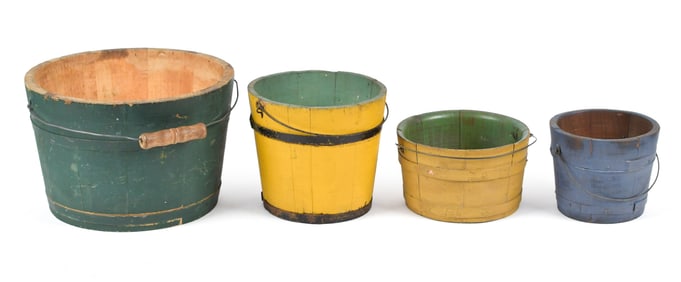 FOUR ANTIQUE PAINTED WOOD PAILS.